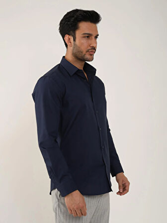 Dufy Lacivert Erkek Slim Fit Düz Klasik Yaka Uzun Kol Gömlek - 92858