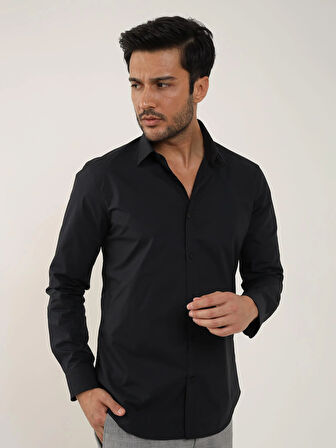 Dufy Siyah Erkek Slim Fit Düz Klasik Yaka Uzun Kol Gömlek - 92868