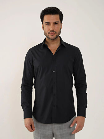 Dufy Siyah Erkek Slim Fit Düz Klasik Yaka Uzun Kol Gömlek - 92868