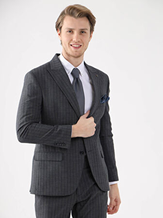 Dufy Lacivert Erkek Slim Fit Çizgili Casual Mono Yaka Takım Elbise - 93164