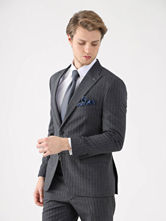 Dufy Lacivert Erkek Slim Fit Çizgili Casual Mono Yaka Takım Elbise - 93164