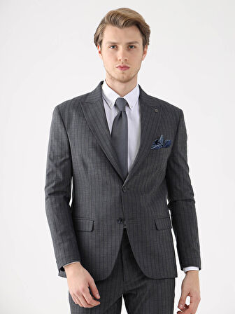Dufy Lacivert Erkek Slim Fit Çizgili Casual Mono Yaka Takım Elbise - 93164
