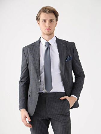 Dufy Lacivert Erkek Slim Fit Çizgili Casual Mono Yaka Takım Elbise - 93164
