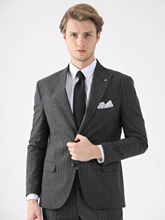Dufy Siyah Erkek Slim Fit Çizgili Casual Mono Yaka Takım Elbise - 93172