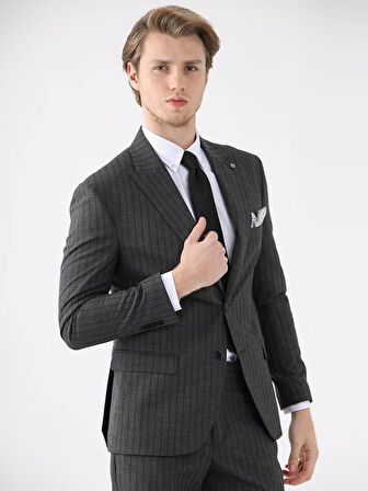 Dufy Siyah Erkek Slim Fit Çizgili Casual Mono Yaka Takım Elbise - 93172