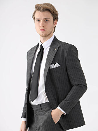 Dufy Siyah Erkek Slim Fit Çizgili Casual Mono Yaka Takım Elbise - 93172