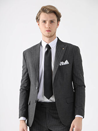 Dufy Siyah Erkek Slim Fit Çizgili Casual Mono Yaka Takım Elbise - 93172