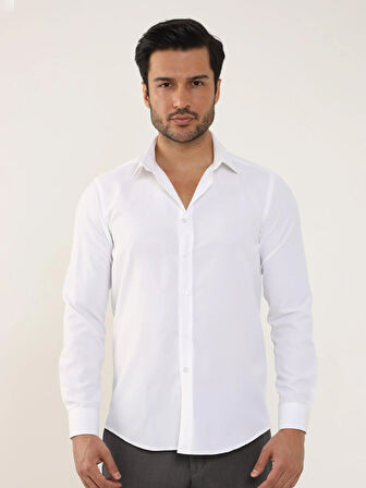 Dufy Beyaz Erkek Slim Fit Düz Klasik Yaka Uzun Kol Gömlek - 93975