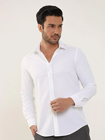 Dufy Beyaz Erkek Slim Fit Düz Klasik Yaka Uzun Kol Gömlek - 93975