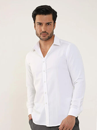 Dufy Beyaz Erkek Slim Fit Düz Klasik Yaka Uzun Kol Gömlek - 93975