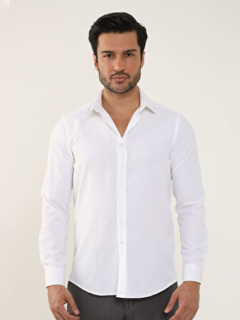 Dufy Beyaz Erkek Slim Fit Düz Klasik Yaka Uzun Kol Gömlek - 93975