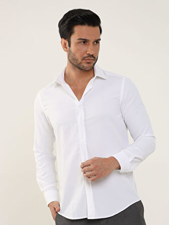 Dufy Beyaz Erkek Slim Fit Düz Klasik Yaka Uzun Kol Gömlek - 93975