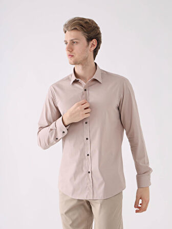 Dufy Bej Erkek Slim Fit Düz Brent Yaka Uzun Kol Gömlek - 93985