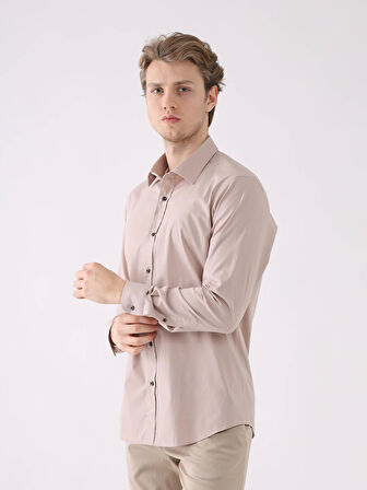 Dufy Bej Erkek Slim Fit Düz Brent Yaka Uzun Kol Gömlek - 93985