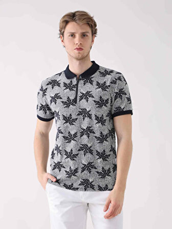 Dufy Lacivert Erkek Regular Fit Yaprak Desenli  Polo Yaka Tshirt - 93995