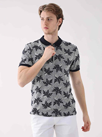 Dufy Lacivert Erkek Regular Fit Yaprak Desenli  Polo Yaka Tshirt - 93995