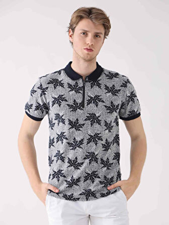 Dufy Lacivert Erkek Regular Fit Yaprak Desenli  Polo Yaka Tshirt - 93995