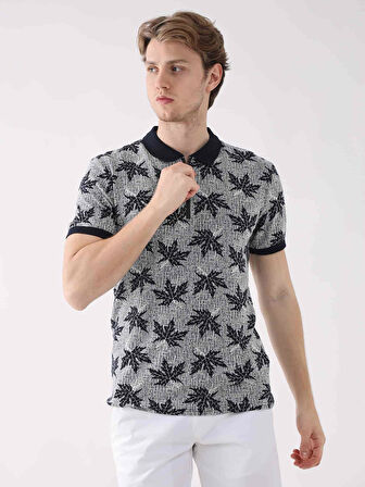 Dufy Lacivert Erkek Regular Fit Yaprak Desenli  Polo Yaka Tshirt - 93995