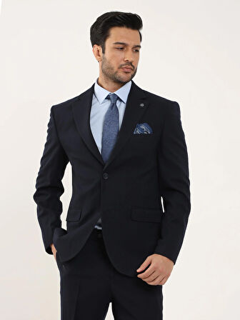 Dufy Lacivert Erkek Slim Fit Düz Mono Yaka Takım Elbise - 94115