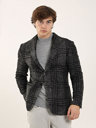 Dufy Siyah Erkek Slim Fit Ekose Desenli Casual Mono Yaka Ceket - 94240