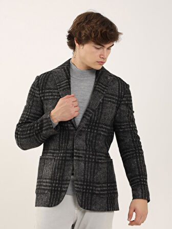 Dufy Siyah Erkek Slim Fit Ekose Desenli Casual Mono Yaka Ceket - 94240