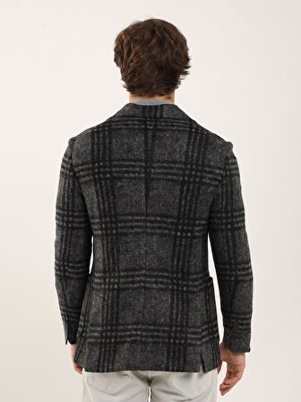 Dufy Siyah Erkek Slim Fit Ekose Desenli Casual Mono Yaka Ceket - 94240