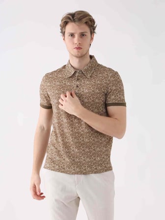 Dufy Kahverengi Erkek Ekstra Slim Fit Desenli Casual Polo Yaka Tshirt - 94301
