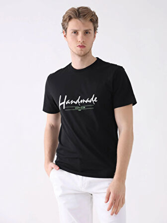Dufy Siyah Erkek Regular Fit Baskılı Casual O Yaka Tshirt - 94356