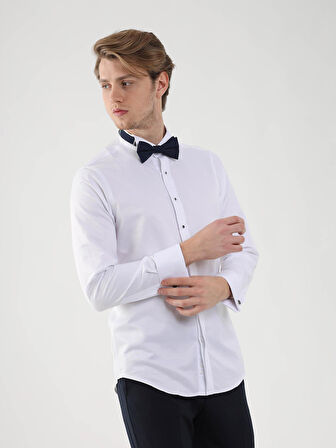 Dufy Beyaz Erkek Slim Fit Desenli Ata Yaka Duble Manşetli Kol Gömlek - 94408