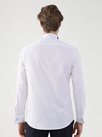 Dufy Beyaz Erkek Slim Fit Desenli Ata Yaka Duble Manşetli Kol Gömlek - 94408