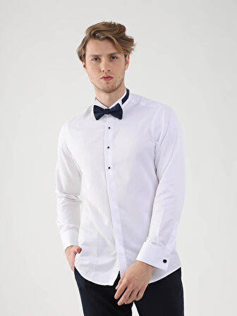 Dufy Beyaz Erkek Slim Fit Desenli Ata Yaka Duble Manşetli Kol Gömlek - 94408