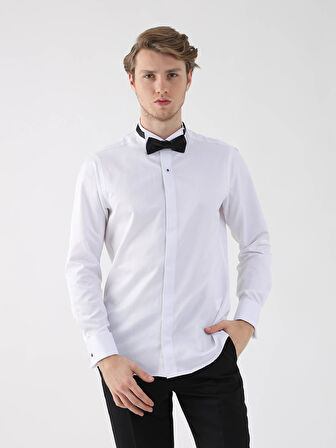 Dufy Beyaz Erkek Slim Fit Düz Ata Yaka Duble Manşetli Kol Gömlek - 94418