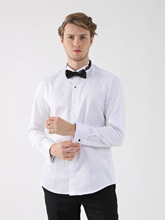 Dufy Beyaz Erkek Slim Fit Düz Ata Yaka Duble Manşetli Kol Gömlek - 94418