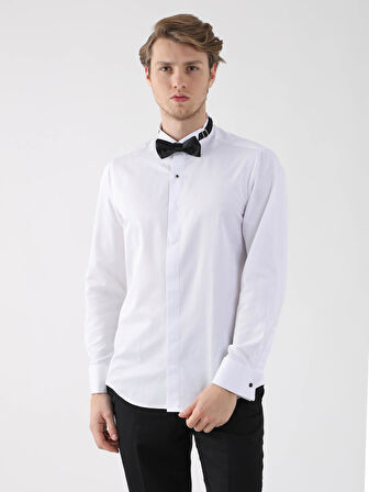 Dufy Beyaz Erkek Slim Fit Düz Ata Yaka Duble Manşetli Kol Gömlek - 94418