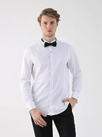Dufy Beyaz Erkek Slim Fit Düz Ata Yaka Duble Manşetli Kol Gömlek - 94418