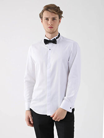 Dufy Beyaz Erkek Slim Fit Düz Ata Yaka Duble Manşetli Kol Gömlek - 94418