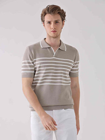 Dufy Bej Erkek Regular Fit Çizgili Casual Polo Yaka Kazak - 94523