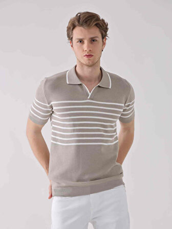 Dufy Bej Erkek Regular Fit Çizgili Casual Polo Yaka Kazak - 94523