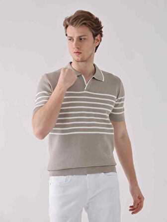 Dufy Bej Erkek Regular Fit Çizgili Casual Polo Yaka Kazak - 94523