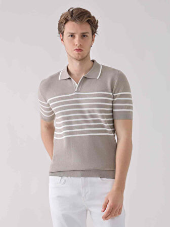 Dufy Bej Erkek Regular Fit Çizgili Casual Polo Yaka Kazak - 94523