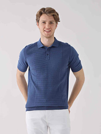 Dufy İndigo Erkek Regular Fit Desenli Pamuklu Polo Yaka Kazak - 94538