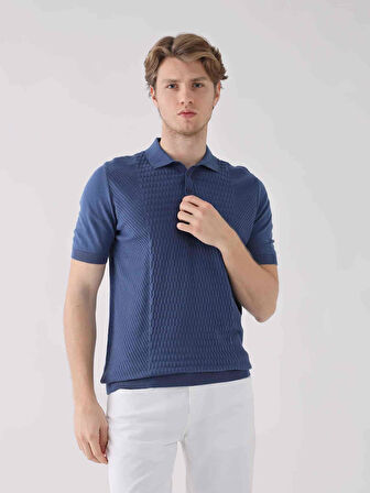Dufy İndigo Erkek Regular Fit Desenli Pamuklu Polo Yaka Kazak - 94538