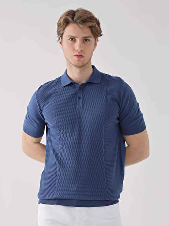 Dufy İndigo Erkek Regular Fit Desenli Pamuklu Polo Yaka Kazak - 94538