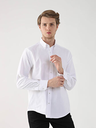 Dufy Beyaz Erkek Regular Fit Oxford Brent Düğmeli Yaka Uzun Kol Gömlek - 94827