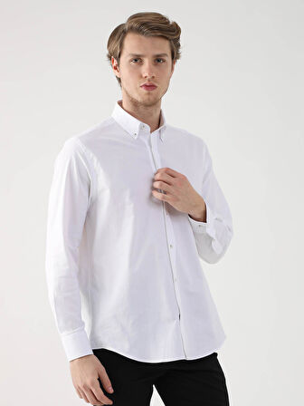 Dufy Beyaz Erkek Regular Fit Oxford Brent Düğmeli Yaka Uzun Kol Gömlek - 94827