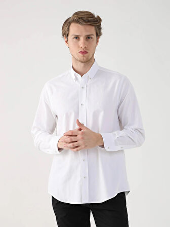 Dufy Beyaz Erkek Regular Fit Oxford Brent Düğmeli Yaka Uzun Kol Gömlek - 94827