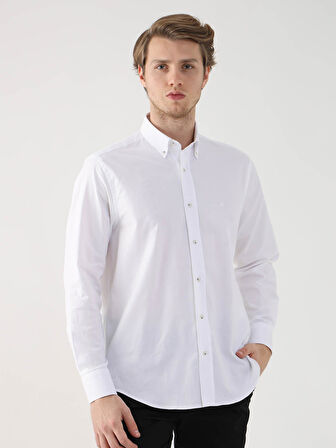 Dufy Beyaz Erkek Regular Fit Oxford Brent Düğmeli Yaka Uzun Kol Gömlek - 94827