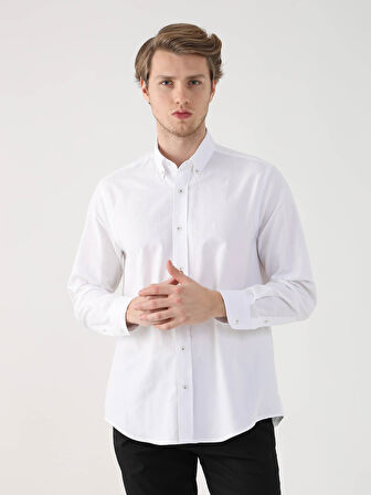 Dufy Beyaz Erkek Regular Fit Oxford Brent Düğmeli Yaka Uzun Kol Gömlek - 94827