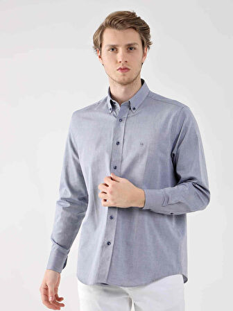 Dufy Lacivert Erkek Regular Fit Oxford Brent Düğmeli Yaka Uzun Kol Gömlek - 94842
