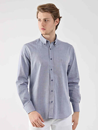 Dufy Lacivert Erkek Regular Fit Oxford Brent Düğmeli Yaka Uzun Kol Gömlek - 94842